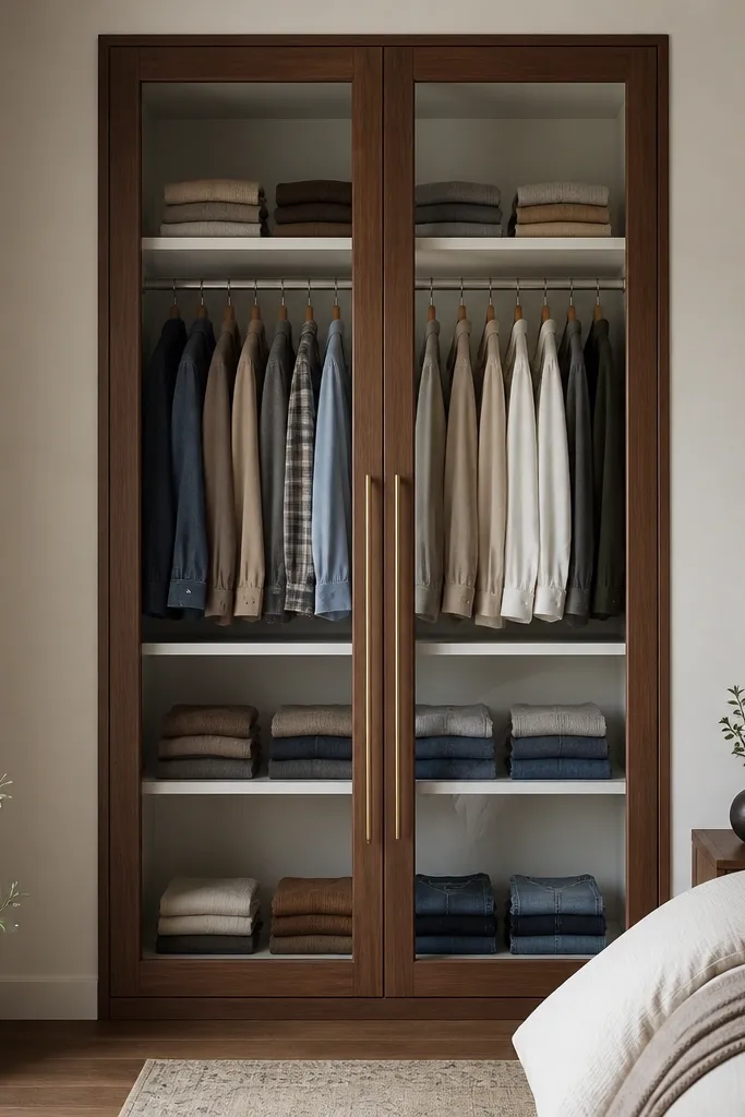 A bedroom wall almirah with a warm walnut frame, two tall clear glass doors, and slim vertical handles in brushed brass. Inside, white shelves show neatly stacked folded clothes and two hanging rails.