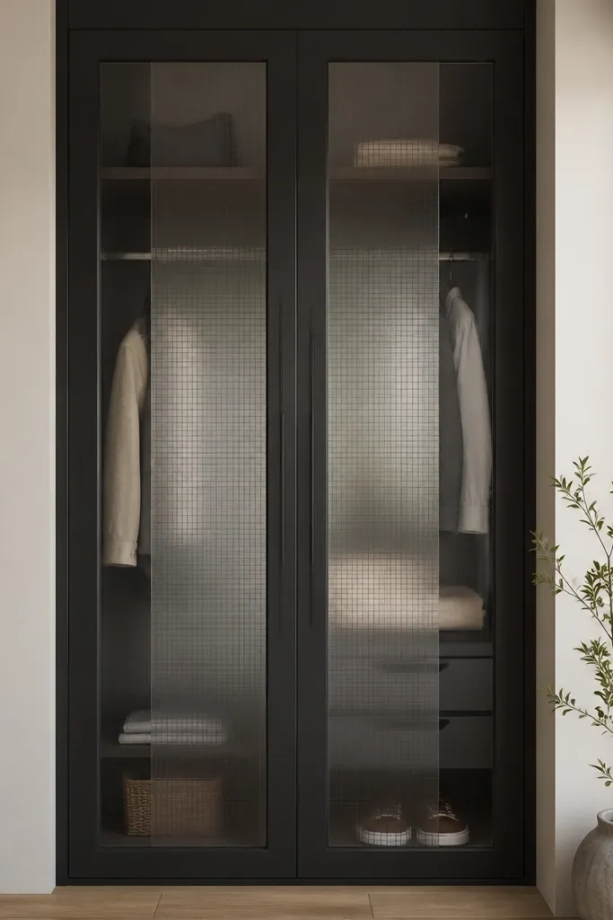 A full-height matte black almirah with two glass doors; the middle sections are frosted, while outer strips are clear. The doors have thin black pulls and a subtle grid pattern in the frosted glass.