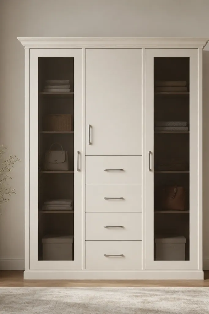 An off-white lacquer almirah with three sections: two side cabinets with tinted smoke glass doors and a center solid drawer stack. The top has a thin crown molding detail and the handles are silver.