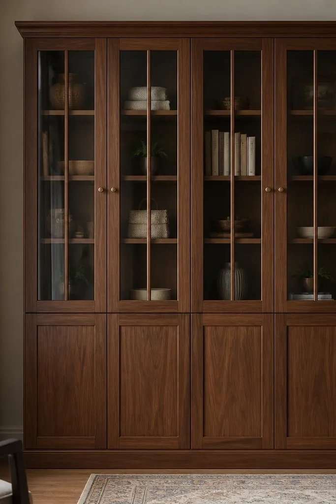 A wardrobe where the top half has glass doors and the bottom half is solid wood paneling. The upper glass is clear with vertical mullions; the base is a deeper brown with matching grain.