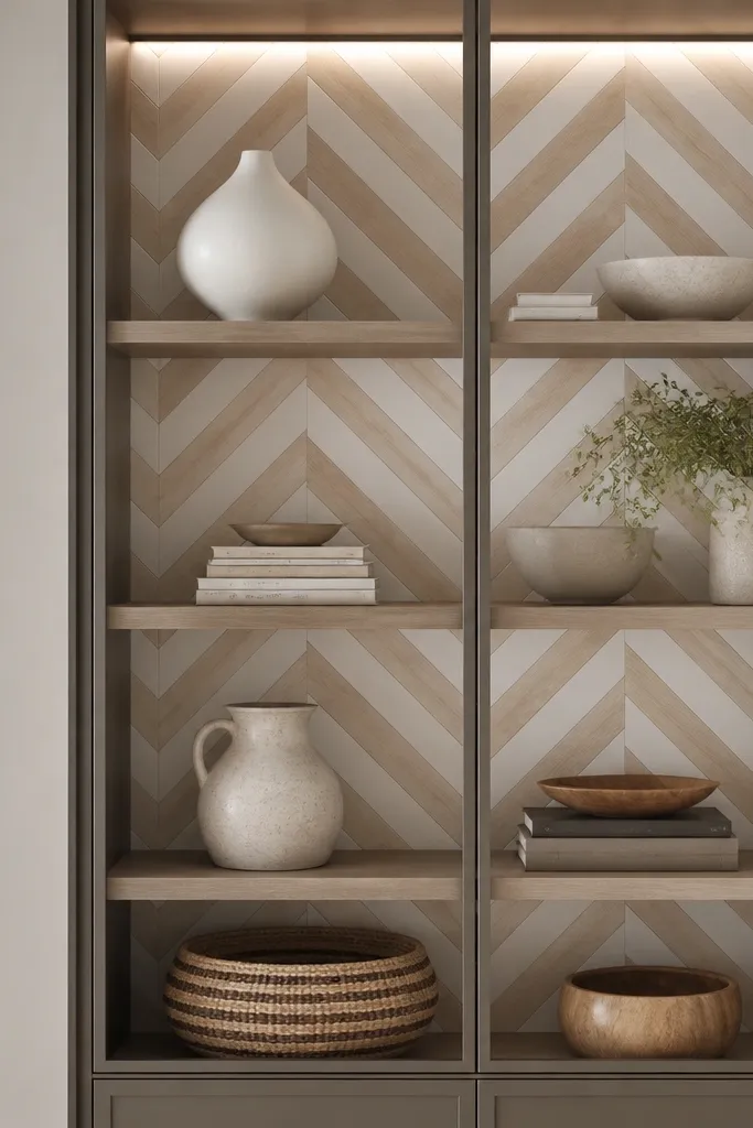 A glass-front almirah with clear doors and a herringbone patterned backing behind the shelves. The pattern is in light oak and white, with a small LED strip along the top edge.