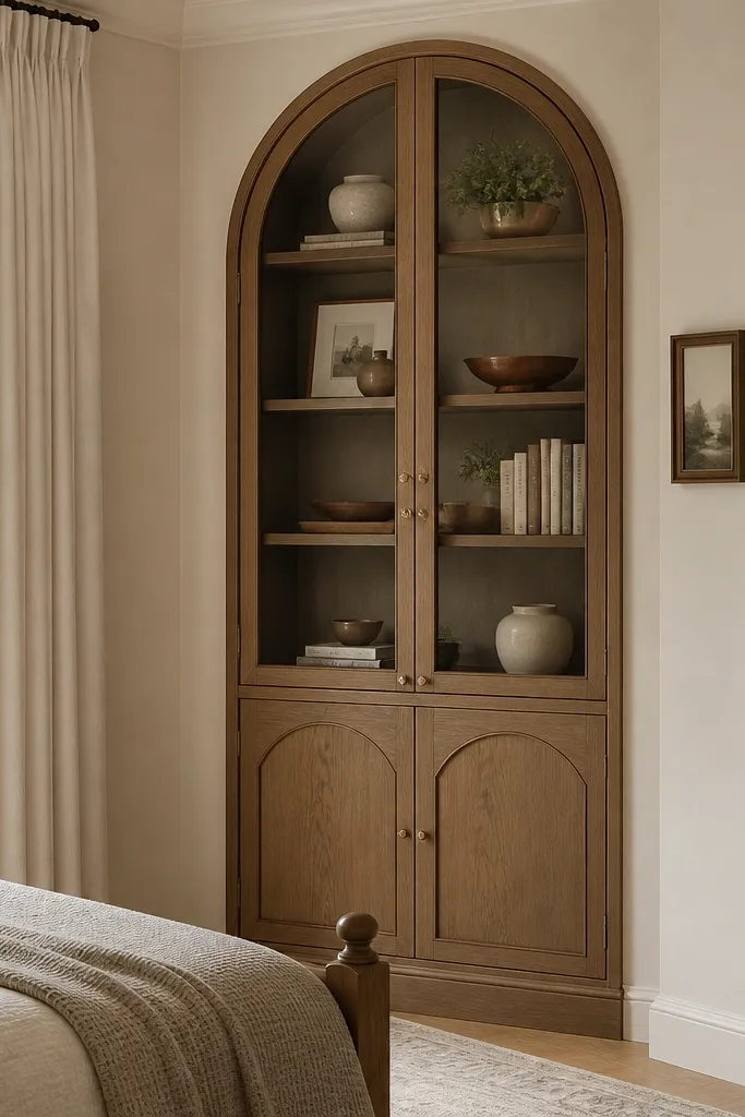 A bedroom corner unit with an arched top glass section and straight lower cabinets. The arched glass is clear, and the lower doors are solid wood with a matching arched frame.