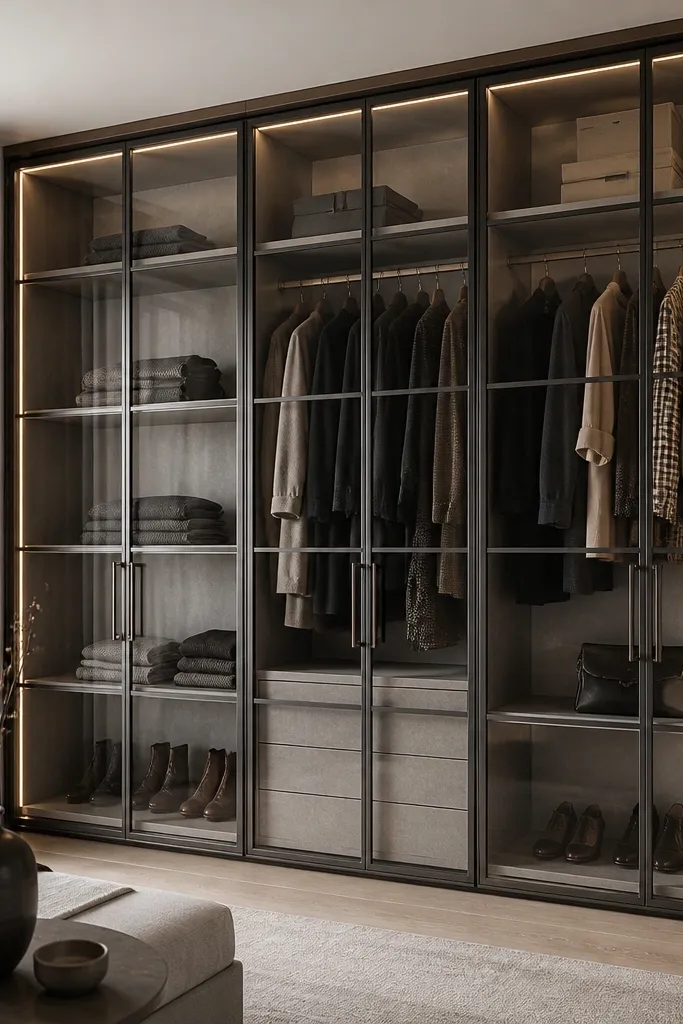 A tall glass wardrobe with grid mullions forming squares inside each door. A concealed LED strip runs along the top and side edges; the interior shelves are light grey.