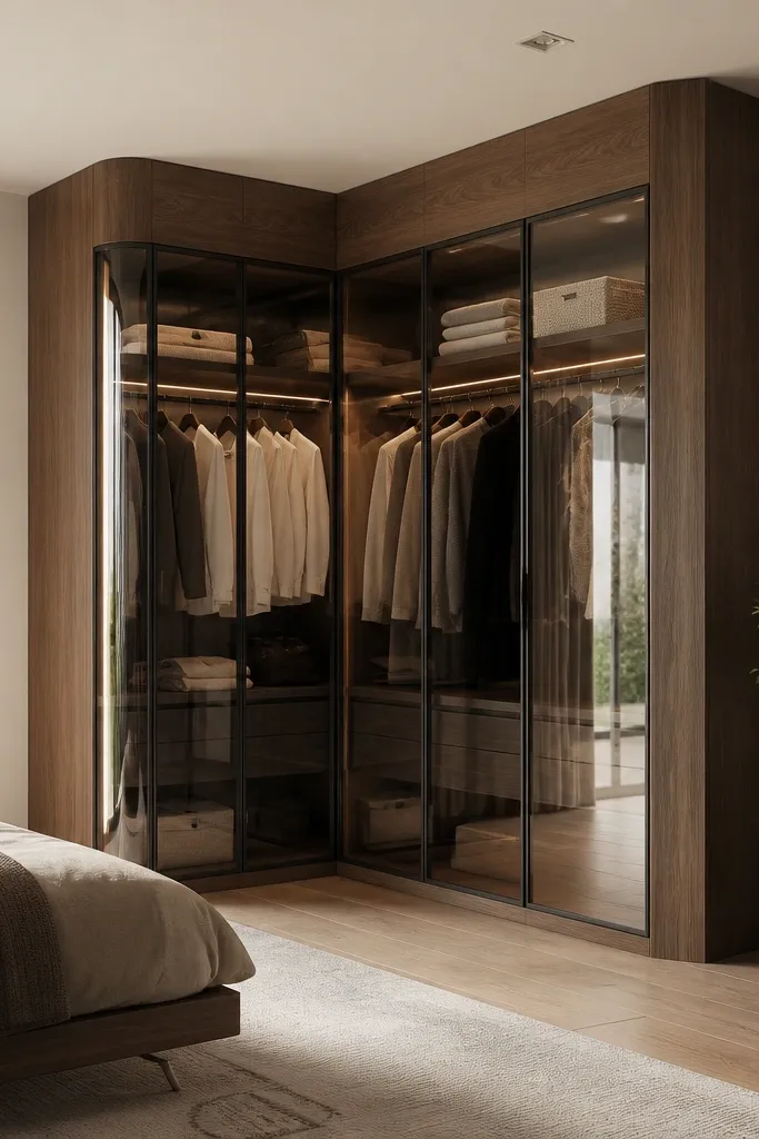 A corner bedroom almirah with glass doors on both sides, joined by a wraparound wood frame. The glass has subtle tint and the interior shows hanging rails on both walls.