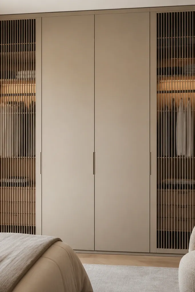 A tall wardrobe with slim vertical glass slats on the outer sections and solid doors in the middle. The slats are clear and evenly spaced; the handles are minimal.