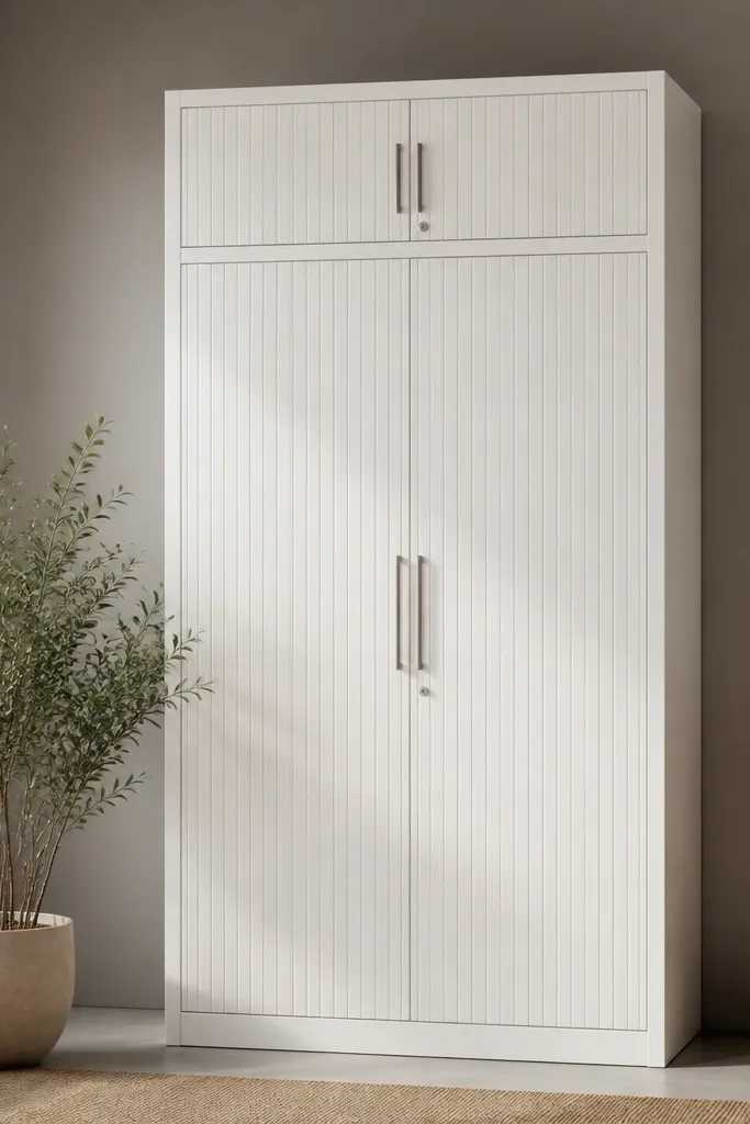 A matte white steel almirah with two tall doors. Each door has narrow vertical grooves running from top to bottom. There are two small top compartments and a central hanging section behind the right door. Handles are slim and brushed metal.