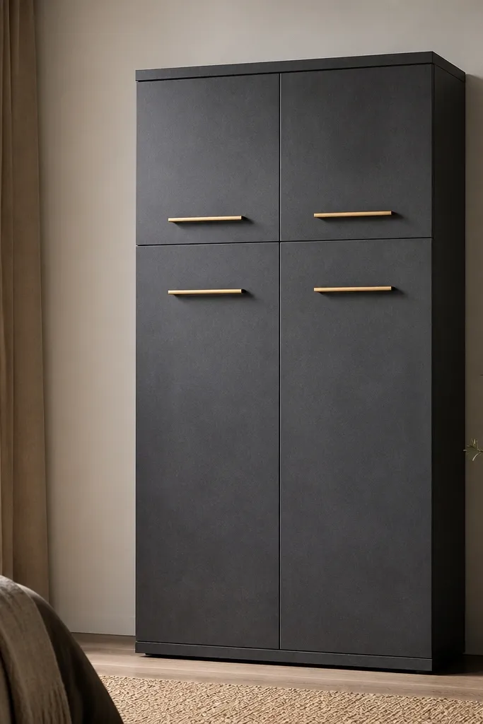 A charcoal grey steel almirah with four doors - two upper short doors and two lower full doors. The handles are long horizontal bars in a brass-like finish. The surface looks matte with slight texture, and the top has a clean trim line.