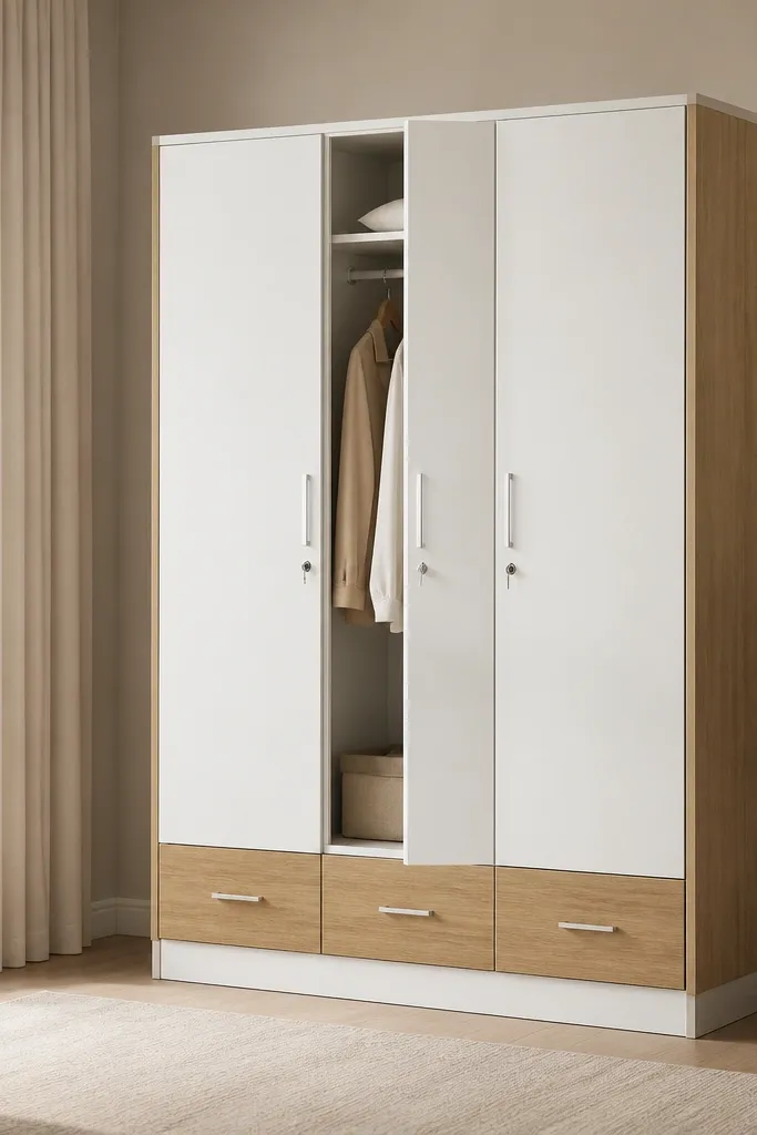A steel almirah in white on the main doors with wood-effect panels on the sides. The middle section has a hanging space behind one door. There are three drawers at the bottom with matching wood-effect fronts.