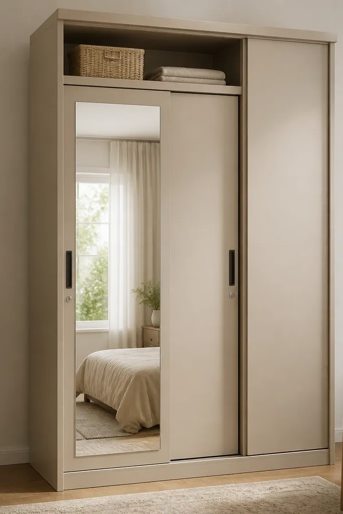 A sand beige sliding steel almirah with two sliding shutters. One shutter has a full-height mirror. The frame is slim and the top has a flat cornice line. There's a small top shelf area visible through the upper section.