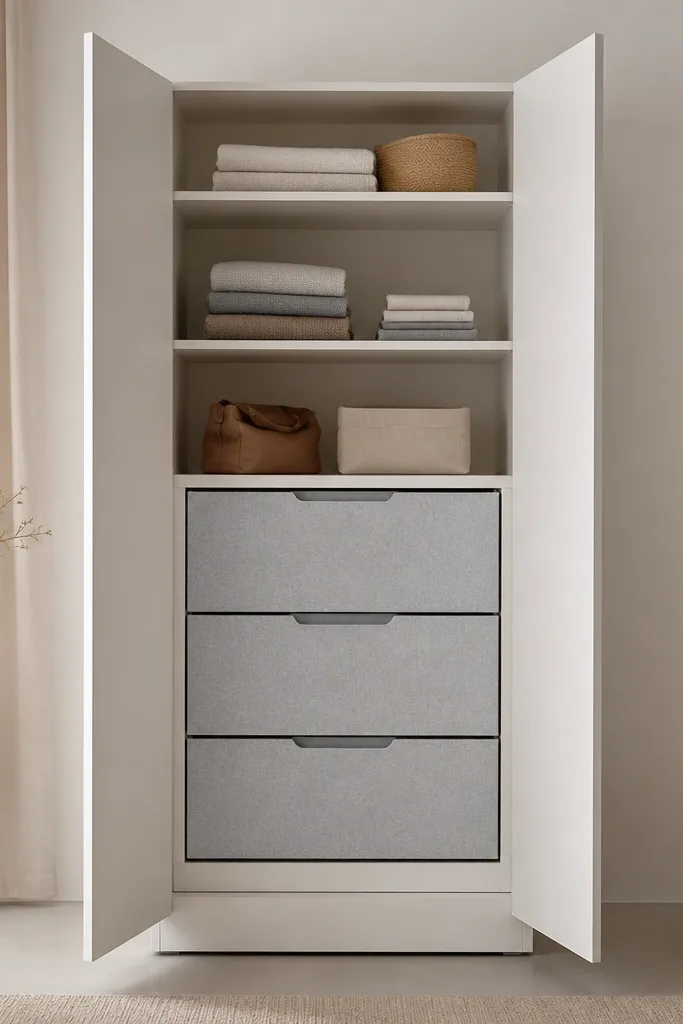 A white steel almirah with two hinged doors and three interior drawers. The drawer fronts are matte fabric in light grey. The hinges look concealed, and the interior shelves are visible through open panels.
