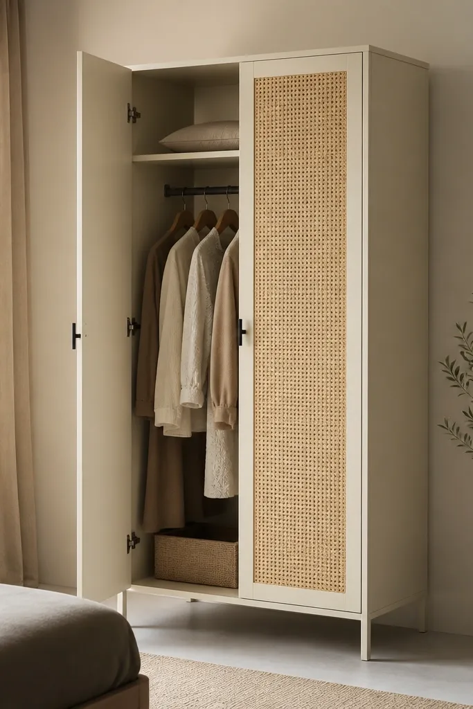 A light cream steel almirah with a central door panel that has a cane or rattan-like texture. The frame is slim and painted matte. The handles are small and black. The doors open to show an inner hanging rail.