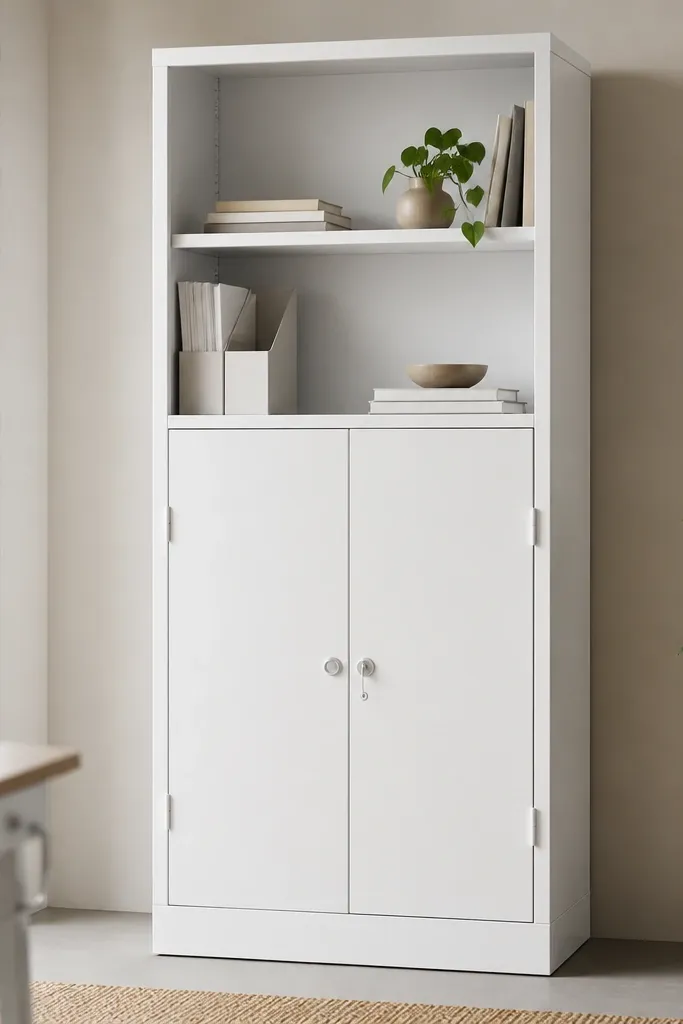 A steel almirah in white with an open shelf section at the top. The middle and bottom are closed with two hinged doors. The bottom doors have simple round handles. Inside, shelves are visible behind the bottom doors.