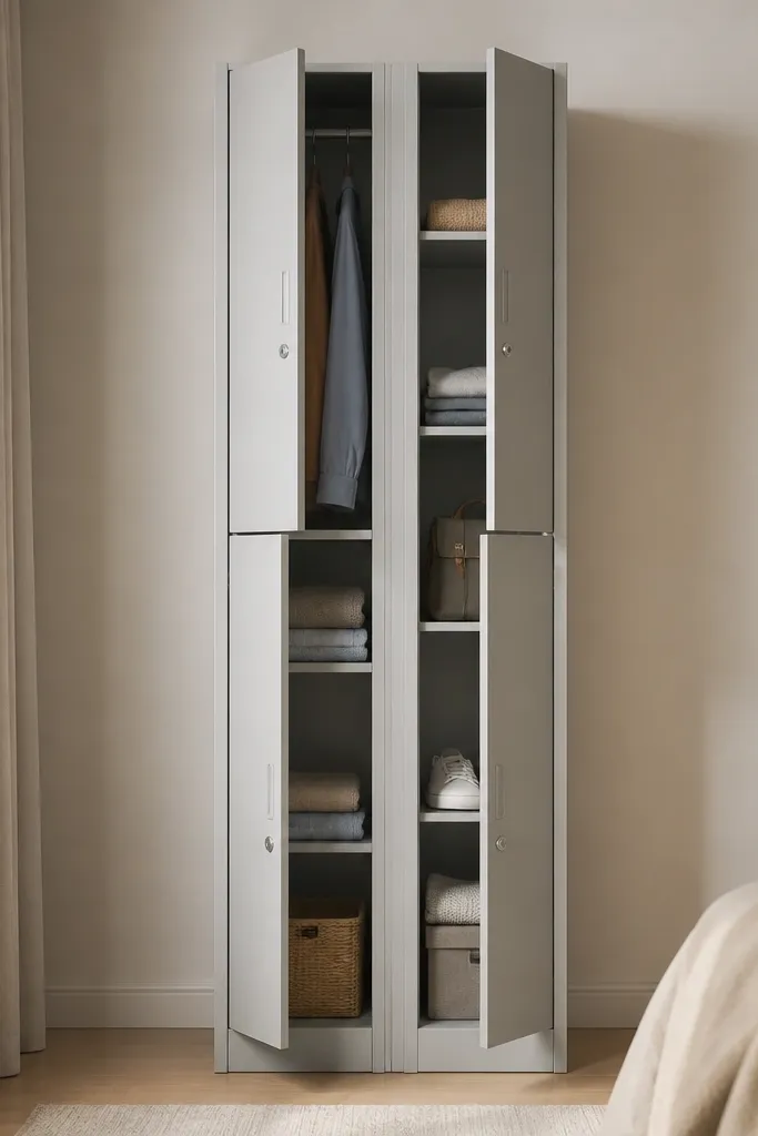 A slim steel almirah with two narrow columns and multiple doors. Each column has a mix of hanging and shelves. The overall unit looks tall and narrow, with light grey finish and minimal handles.