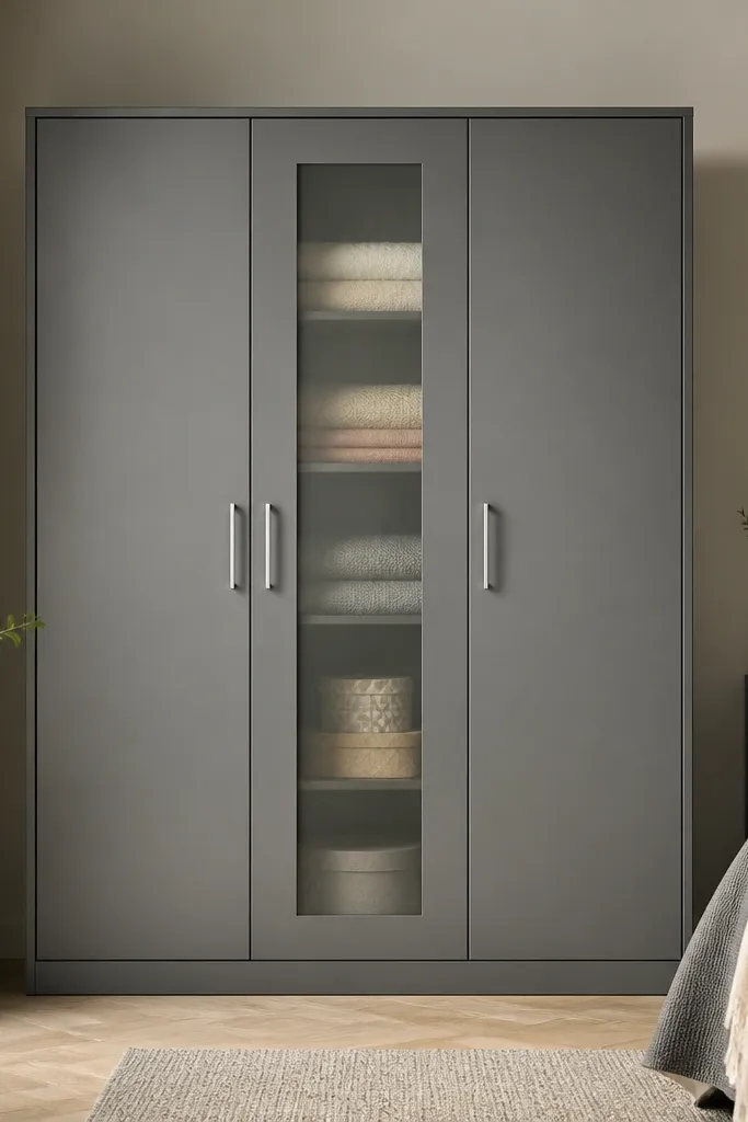 A steel almirah in grey with one door having frosted glass. Inside the glass area you can see folded items and a couple of decorative boxes. Other doors are solid steel. The handles are silver and the frame is clean.