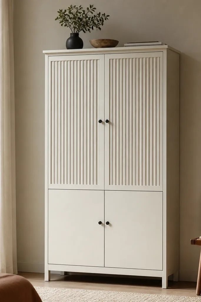 A steel almirah in matte off-white with bamboo-like vertical slats on the upper door portion. The bottom doors are solid. There's a thin top ledge where decor can sit. Handles are small and dark.