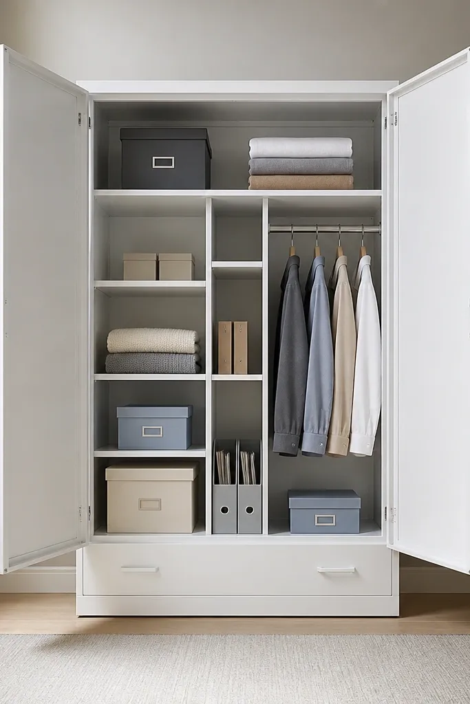 A white steel almirah with two large doors. Along the bottom there is a concealed drawer line with slim handles. The top section has shelves, and the inside looks organized with dividers.