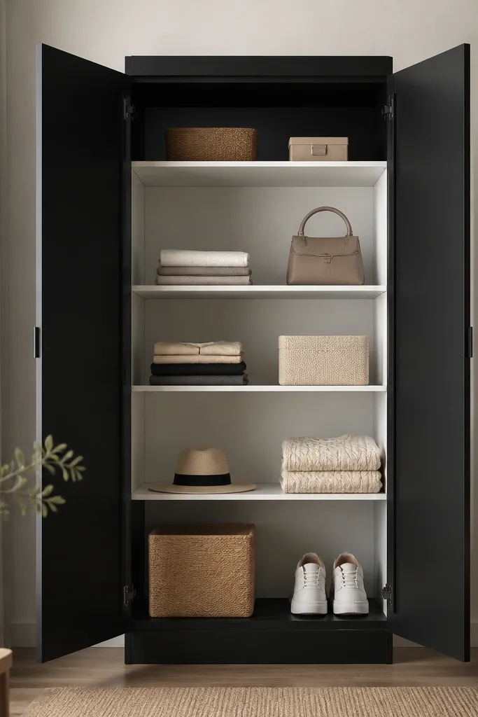 A matte black steel almirah with two hinged doors. The doors are solid black with minimal handles. When open, the interior shelves are white or light grey, creating strong contrast. The top has a small shelf section.