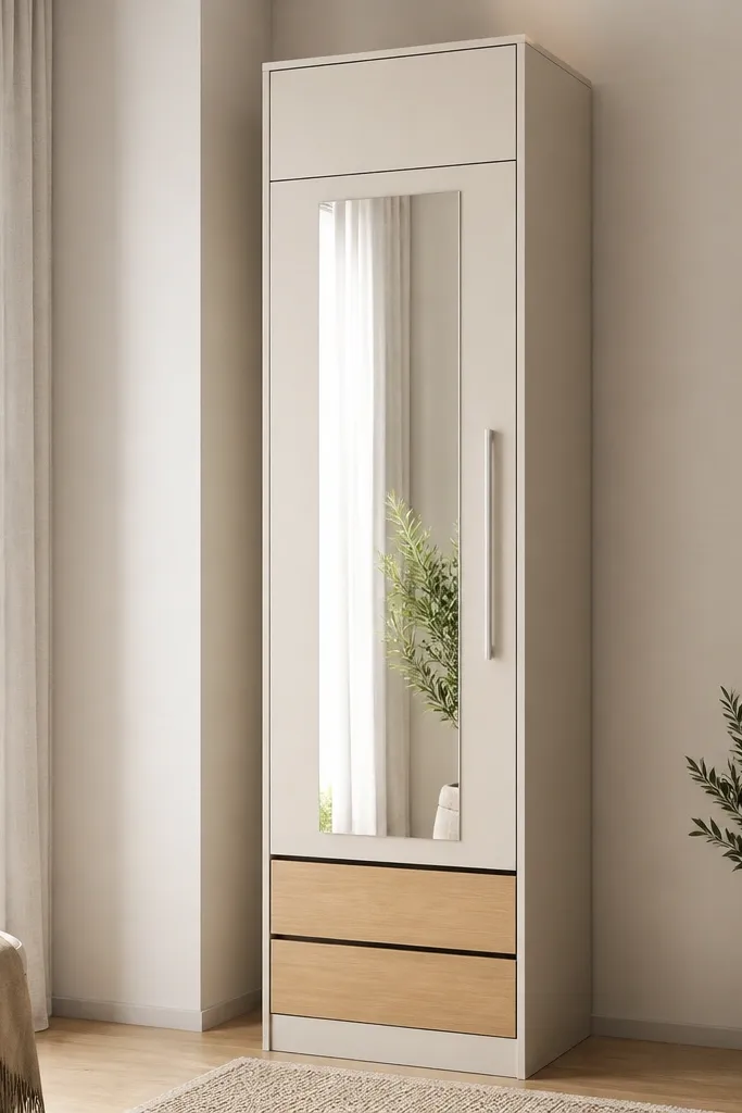 A tall, floor-to-ceiling single-door almirah in matte off-white. The door has a slim vertical handle and a mirrored panel. The bottom section has two wide drawers with light wood fronts, and the top has a closed shelf zone.