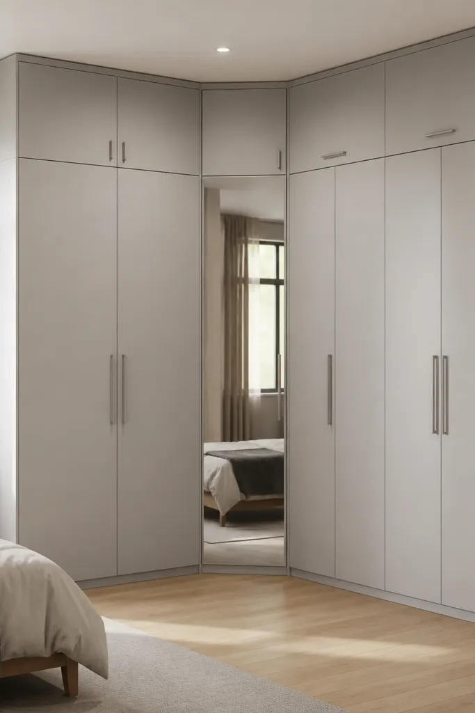 An L-shaped corner wardrobe with two sections meeting at a right angle. The inside corner panel has a small vertical mirror. The outer faces are light grey with simple bar handles; the top shelves are closed with shutters.