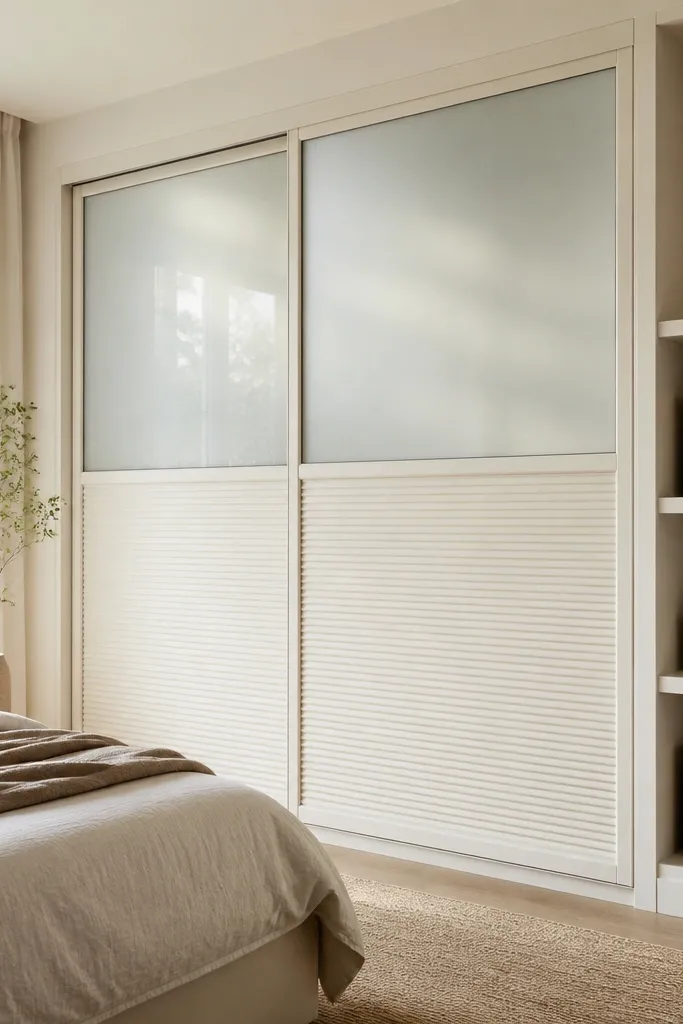 A sliding shutter wardrobe in warm white with frosted glass inserts on the upper half. The lower half has fully closed shutters. One side shows a neat half-height open shelf strip with three rows for folded baskets.