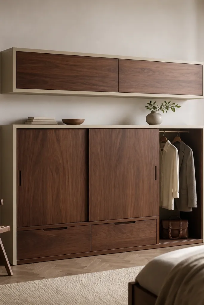 A low-profile wardrobe that sits around 120 cm high, with a long top cabinet above it. The bottom has two drawers and a small hanging section; the top cabinet has two doors. The finish is walnut brown with a light cream top frame.