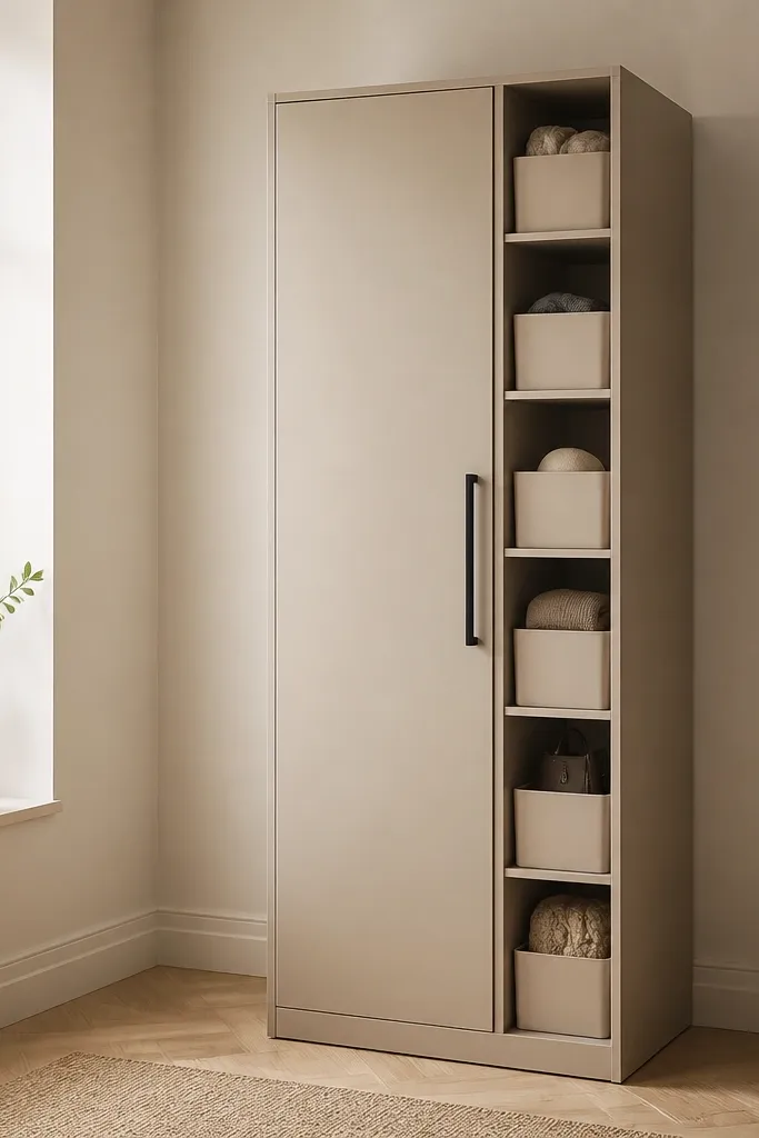 An almirah divided into two vertical columns. The left column has hanging space behind a door. The right column has narrow vertical open shelves like magazine holders, with small bins. The unit is in matte sand beige with black handles.
