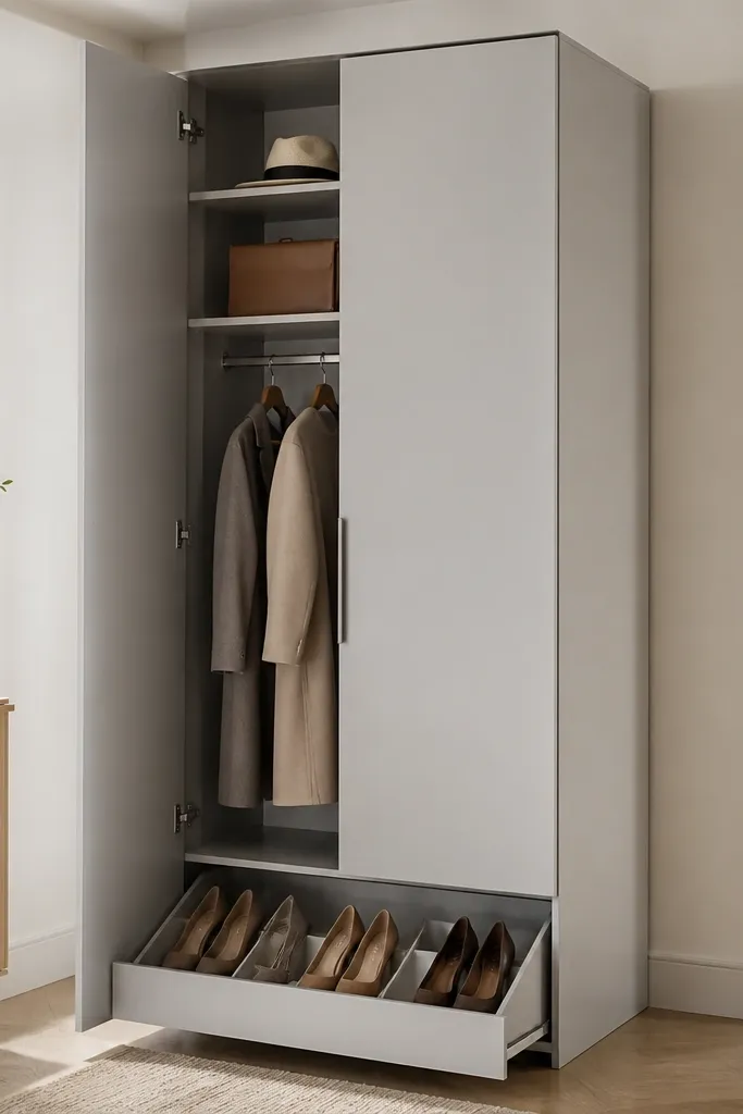 A wardrobe with a full-height main door in light grey. The bottom has a pull-out shoe rack drawer with angled slots. Above it, there are shelves behind doors and a small hanging section.
