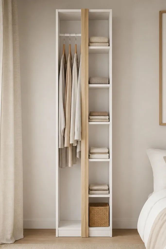 A super-slim wardrobe, depth about 35 cm. One side has a hanging rod with angled hangers. The other side has stacked shelves. The finish is matte white with a vertical wooden strip.