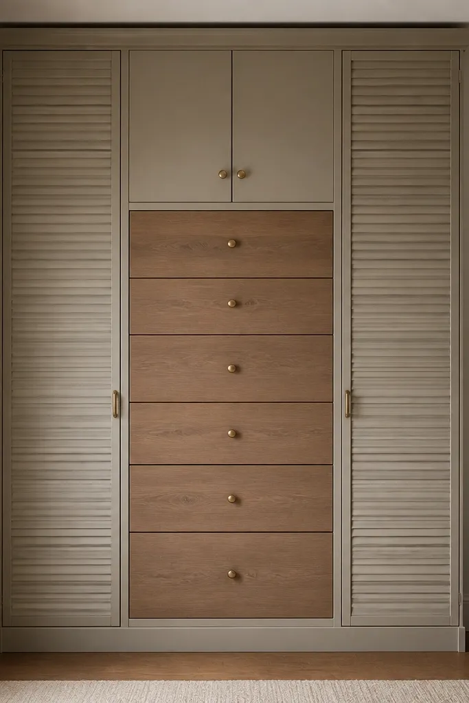 A symmetrical wardrobe. The center has a vertical stack of drawers with wood fronts. The left and right sides have closed shutter panels with small handles. The top has a cabinet with two doors.