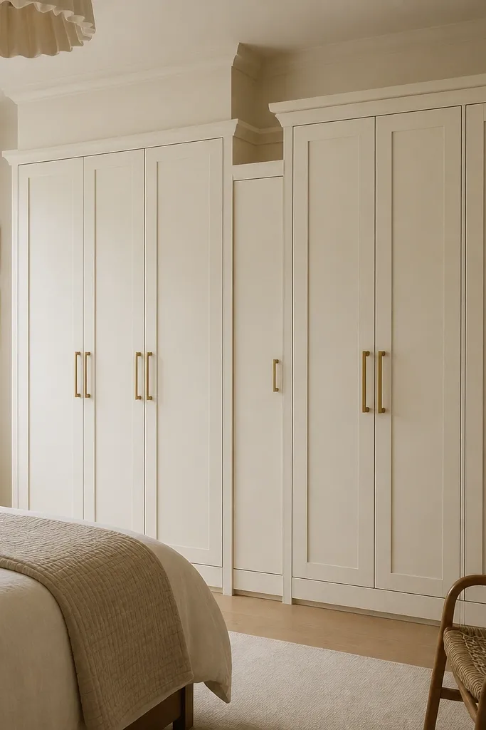 A wardrobe wall along one side of the room. Two sections are at different heights, creating a narrow vertical linen niche in the middle. The niche has a closed door and a small internal shelf. The finish is matte ivory with brushed brass handles.