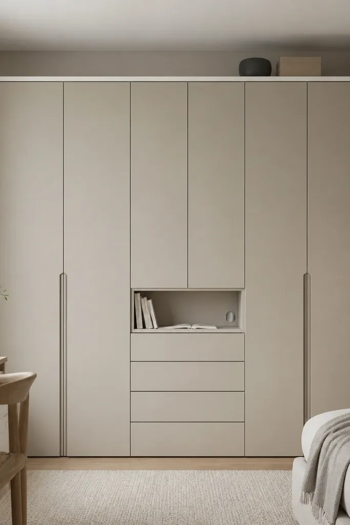 A wardrobe unit with a drawer section in the lower middle. Above it, there's a slim study shelf with a small open ledge for books and a cable cutout on the side. The rest has closed doors. Color is soft greige with a white top shelf.