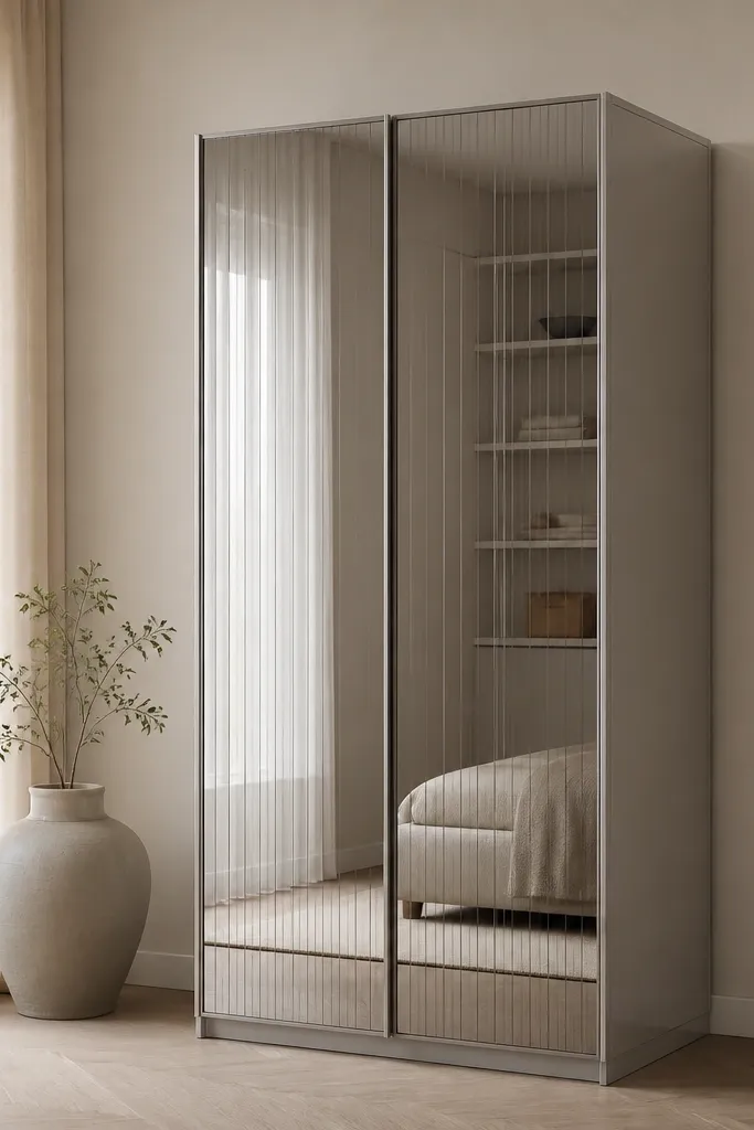 A wardrobe with two tall mirrored doors. The mirrors have vertical groove lines etched lightly. The unit has a thin bottom toe-kick and a matte silver frame. Inside, you see faint shelf outlines through the reflection.