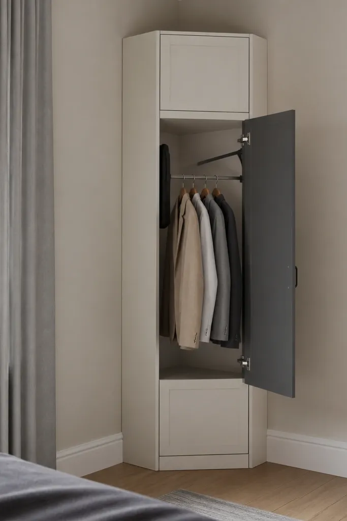 A compact wardrobe corner unit with a fold-down hanger rail visible behind a door. The shelves above and below are closed. The finish is warm white with a dark grey door and a small pull handle.