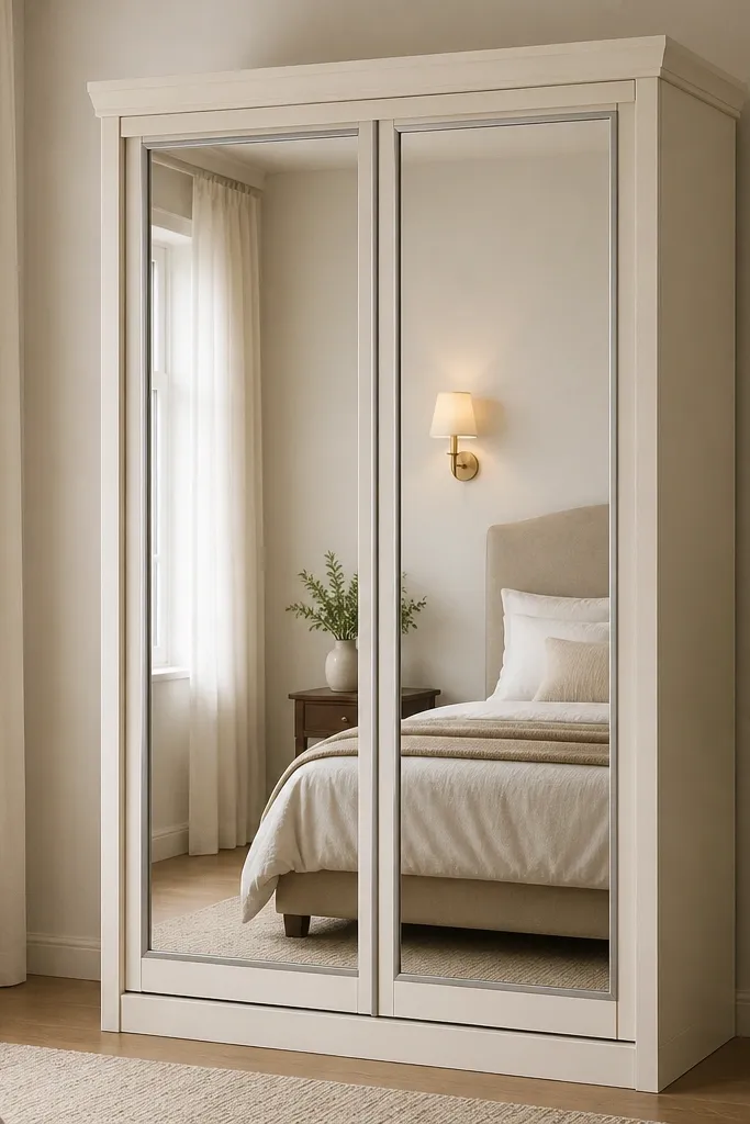 A tall matte ivory almirah with two sliding doors, each door has a full-height rectangular mirror panel. The mirror edges are framed in thin silver-grey trim; the top has a simple horizontal molding. Behind the almirah, the wall is warm off-white with a small wall sconce visible in the reflection.