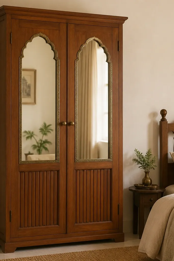 A warm teak-finished almirah with two hinged doors. Each door has an arched mirror inset near the top, with a carved-arch frame in antique brass. The bottom portion has closed panels with simple vertical grooves. A light cream wall and a wooden bed headboard sit nearby.