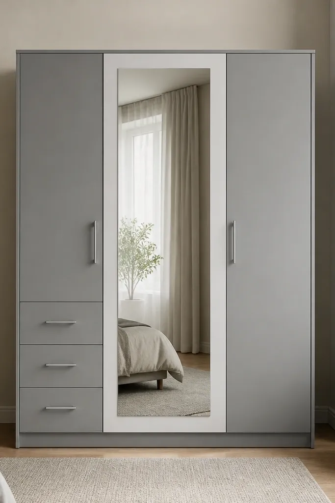 A medium-height almirah in soft grey with a central vertical mirror panel framed in white. On both sides are storage doors with slim handles; the left side has one drawer stack and the right has a closet section. The mirror is slightly wider than the center door section.