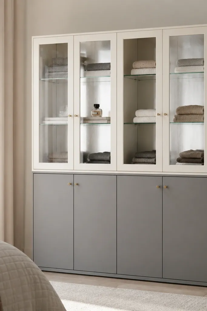 An almirah with a grey lower section and a warm white upper section. The upper has glass-front compartments; behind the glass is a silver mirror back panel. The lower doors are plain with no mirror. A few folded items and a small perfume bottle are visible behind the glass.