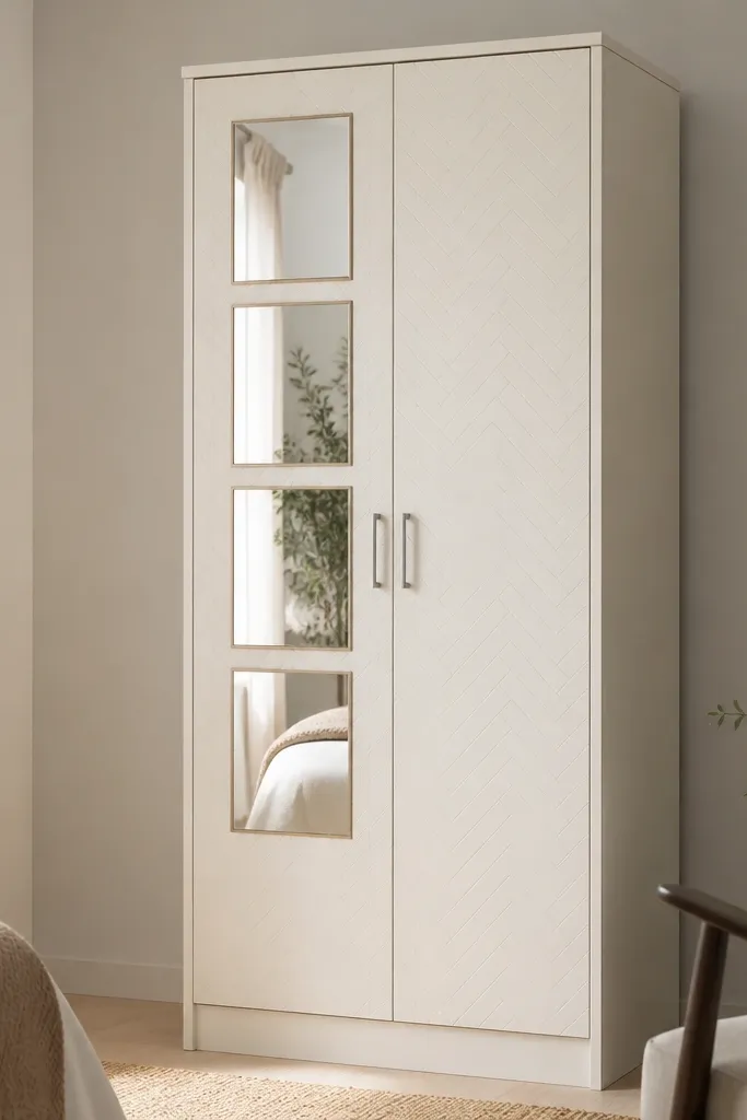 A slim almirah painted warm white with a subtle herringbone pattern on the door panels. There are small rectangular mirrors arranged vertically on one door, with the other door plain. The mirrors have narrow frames in brushed nickel.