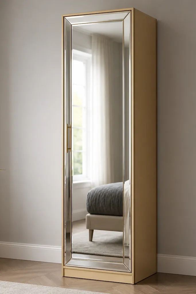 A beige-gold almirah with one full-height mirror door. The mirror has beveled edges that catch light. The frame looks champagne-gold with a soft metallic sheen. The surrounding wall is light grey with a white baseboard.
