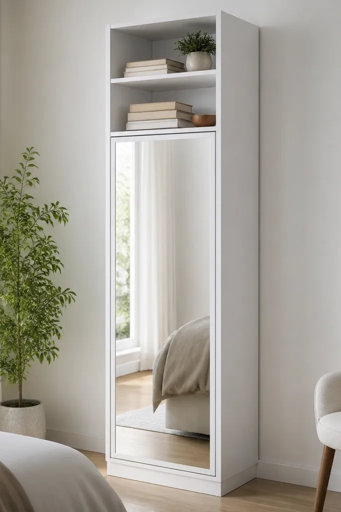 A white laminate almirah with a full-height mirror on the lower door section. The top has open shelves with a few neatly stacked books and a small plant pot. The mirror frame is white with a thin border; the shelves have a glossy white finish.