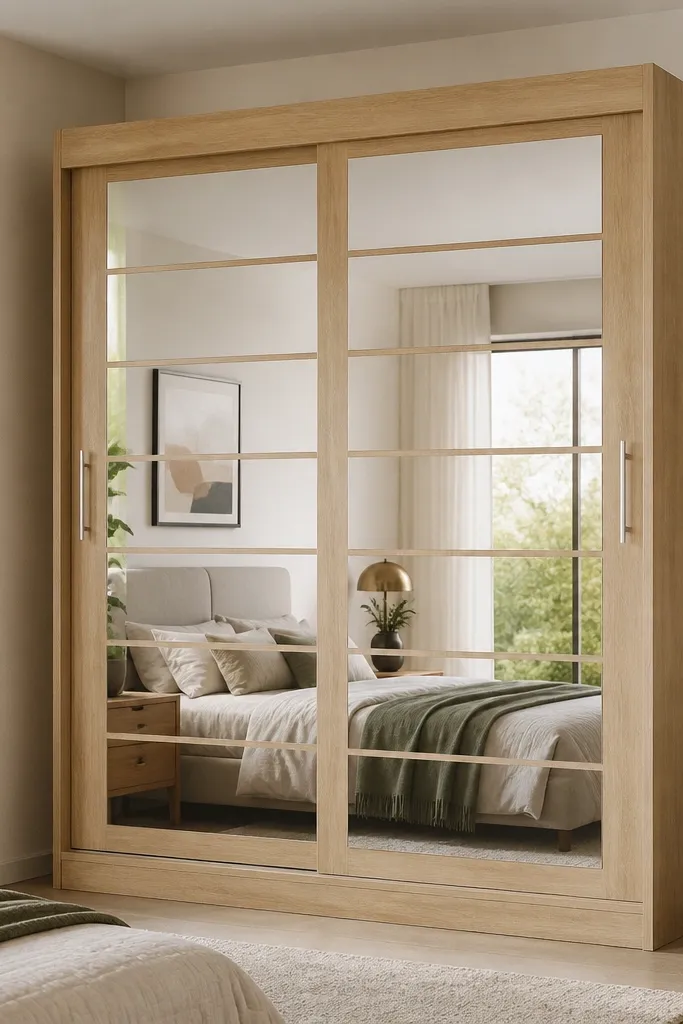 A tall almirah in light oak with two sliding doors. Each door has vertical segmented mirror panels separated by thin wood strips. The mirror segments are same height and aligned, creating a grid-like look. The handles are minimal and silver.