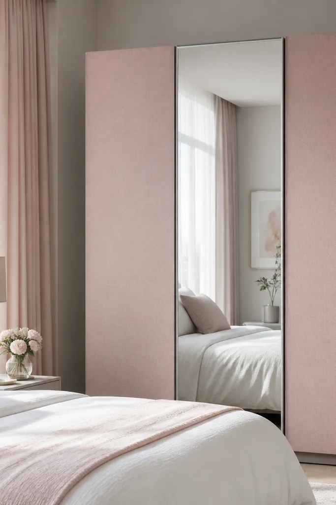An almirah with a full-height mirror door in the center. On the sides, the panels are fabric-wrapped in blush pink with a subtle weave. The mirror has a thin silver frame. The room has blush curtains and a white bedspread.