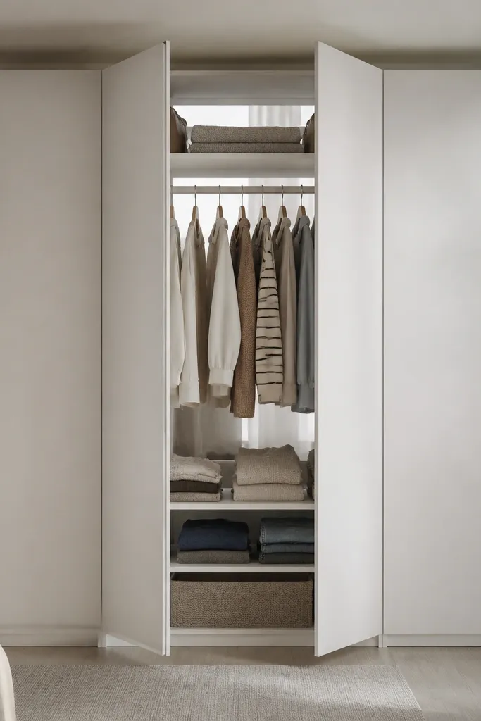 A wardrobe with solid hinged doors in matte white. Inside, the back wall of the wardrobe is a mirror sheet. No mirror is visible from outside except a faint reflection near the top. The interior shows hanging space and folded shelves.