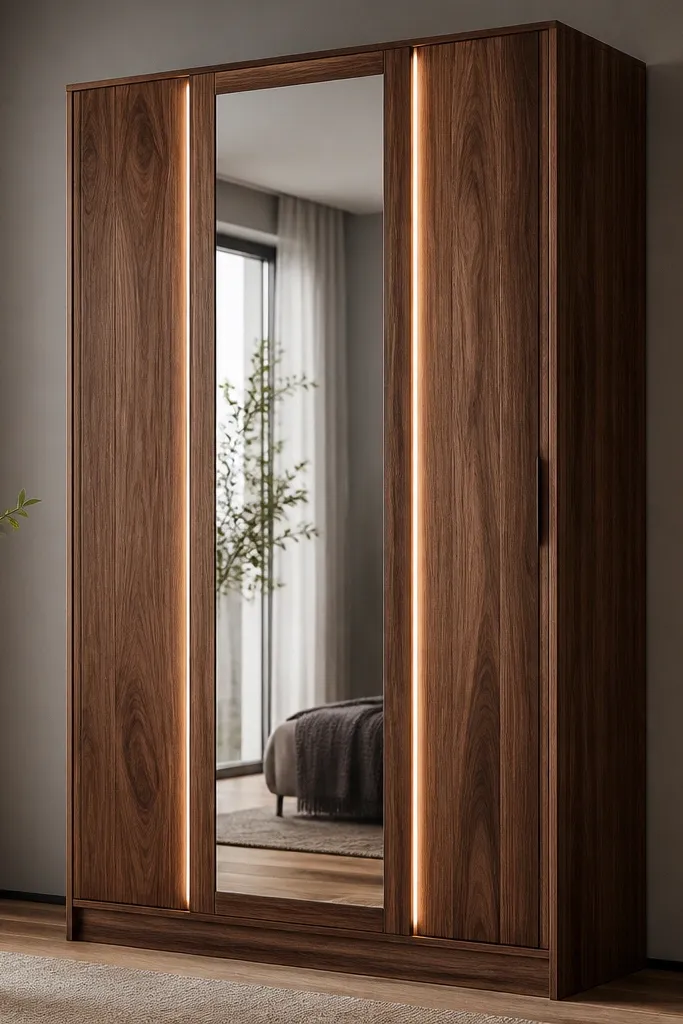 A walnut-finished almirah with a large central mirror panel on the door. The mirror is framed in walnut, and there are slim LED light strips along both sides of the mirror. The LEDs are hidden behind a translucent diffuser. The wall behind is neutral grey.