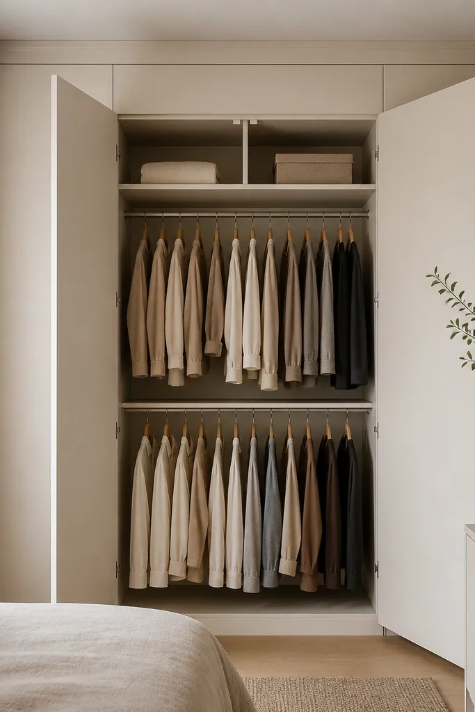 A tall wardrobe with two hanging sections stacked inside one wide bay; above the hang space there is a continuous shelf run with a small gap, and the top edge is finished with a simple crown. Doors are flush with matte laminate panels in warm off-white.