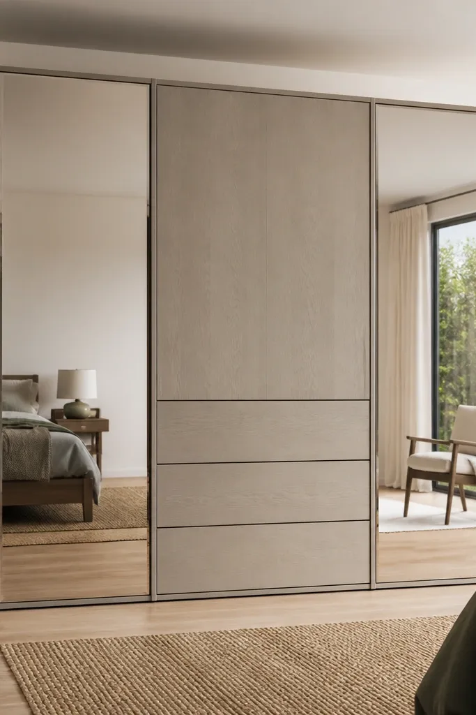A wardrobe with two mirror panel doors on the outer sections and a central section with three wide drawers. The drawer fronts are in light grey with subtle grain texture; the mirror has a thin frame and sits flush with the door edges.