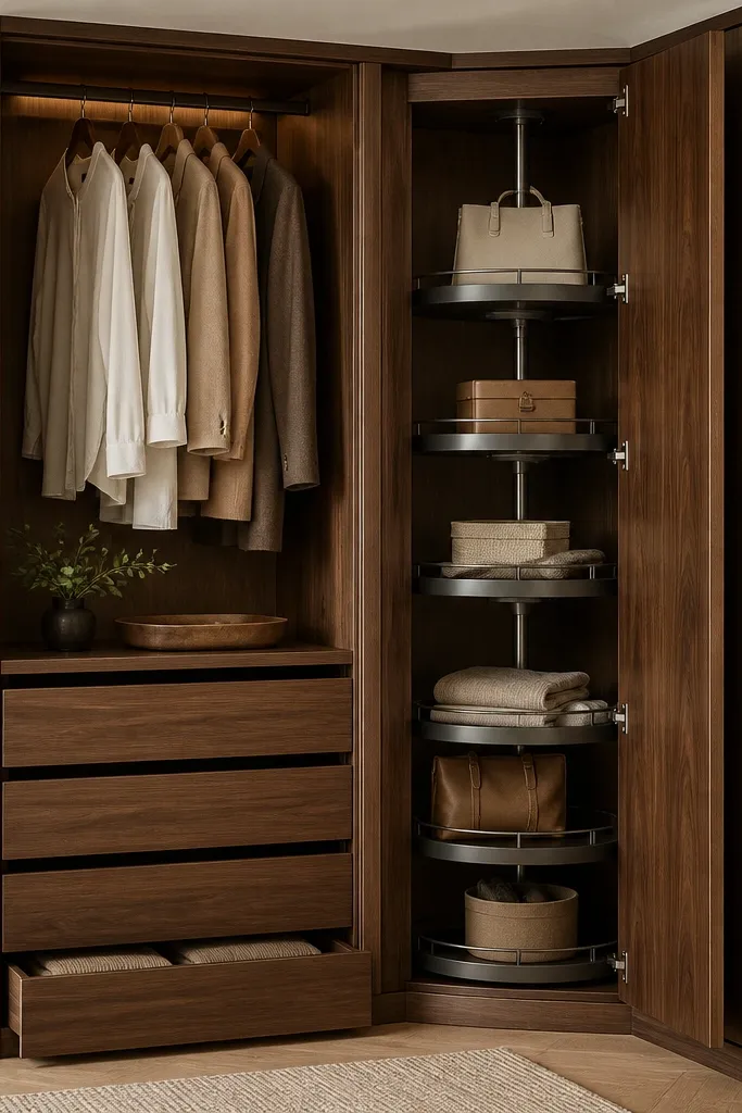 A wardrobe unit that wraps around a corner: one side has hanging space and drawers, and the corner section shows a pull-out carousel shelf. The cabinet is finished in warm walnut tone with soft-close hardware.