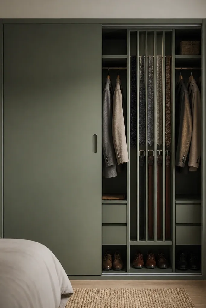 A sliding-door wardrobe in matte sage green with vertical organizer rails visible inside. The interior shows narrow vertical slots for ties and belts, with hanging sections on the sides.
