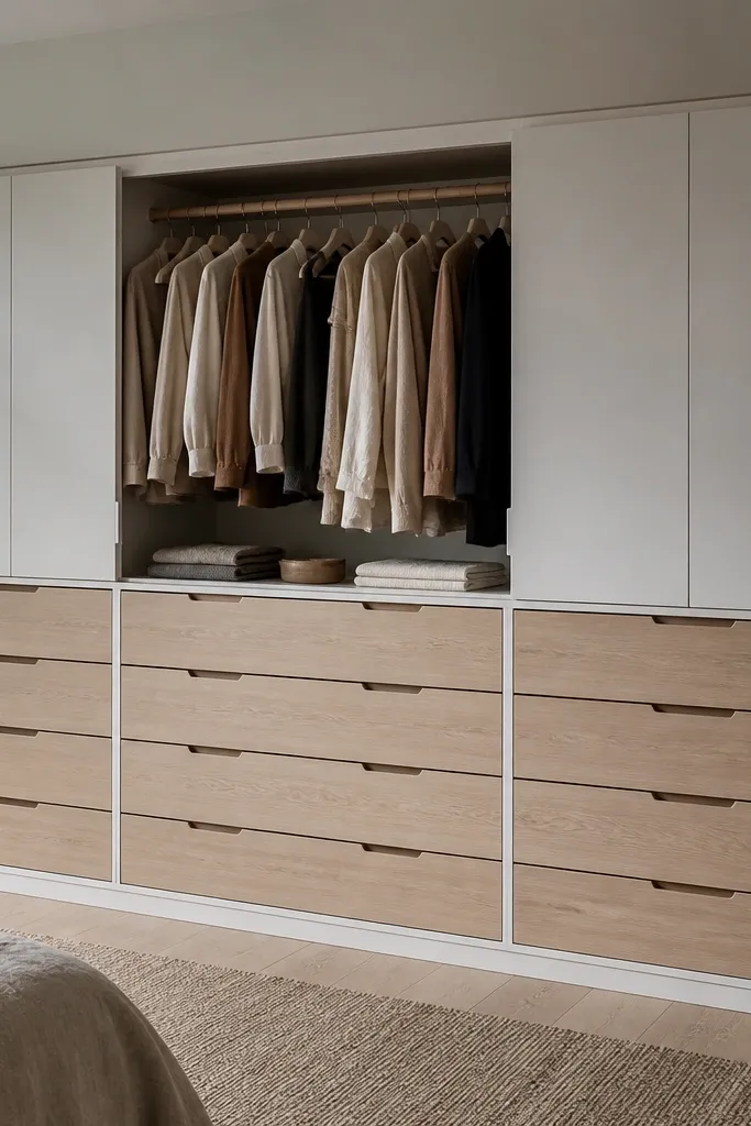 A wide wardrobe with mostly drawers across the bottom and middle, and a single hanging section on the top. Drawers are in light oak with white dividers; the doors above are plain and minimal.