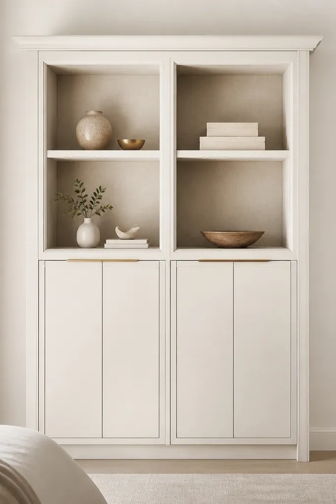 A wardrobe where the top has two open display niches with soft back lining, and the bottom has closed doors. The unit is in warm white with a thin brass handle line.